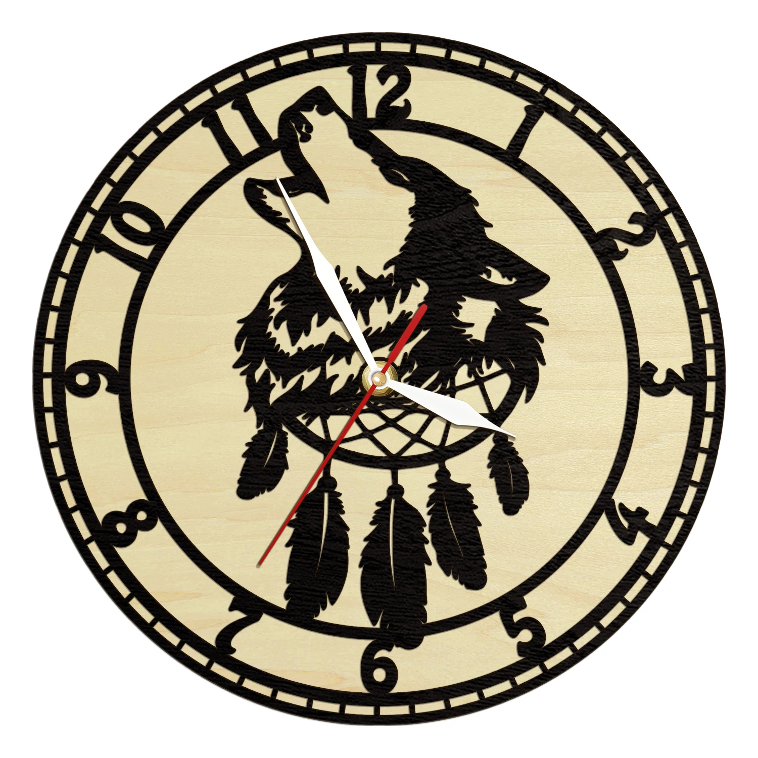 Native Wolf Dream Catcher Wooden Frame Wall Clock For Man Cave Howling Wolf Sign Home Decor Watch Wildness Wall Art Rustic Clock