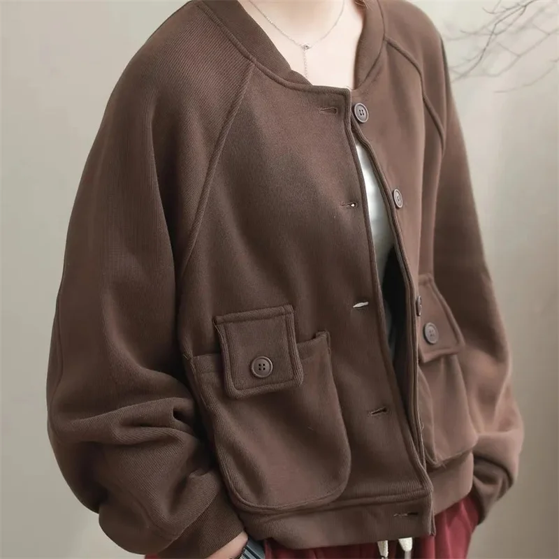 

Autumn Winter Women Long Sleeves Casual Outwear Lady Solid Color Big Pocket Jacket Korean Femme Round Neck Fashion Baseball Coat