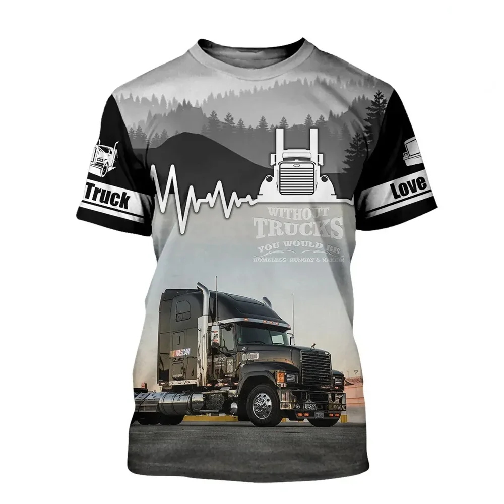 Heavy Car Long Cargo Work  Neutral Street Clothing Men\'s 3d Print Truck Driver T -shirt Short Sleeves