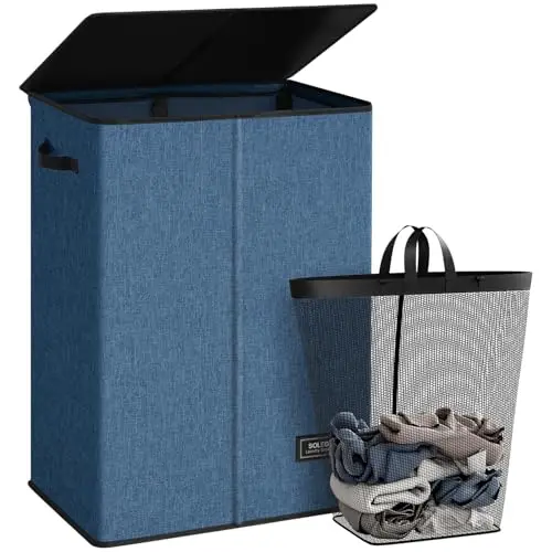 

Корзина для белья SOLEDI с крышкой, 130 л, большая и высокая, складная, с мешком для съемного мешка, легко переносить
