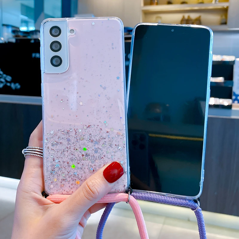 Glitter Necklace Case For Samsung Galaxy S25 S23 S21 S20 FE S24 Plus S26 Ultra A56 A36 A17 Crossbody Lanyard Strap Phone Cover