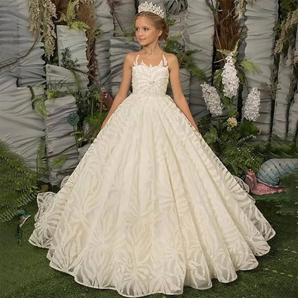 

A-Line Princess Prom Dress White Ball Gown Chapel Train Flower Girl Dress Lace Tulle Sleeveless Embroidered Party Costume