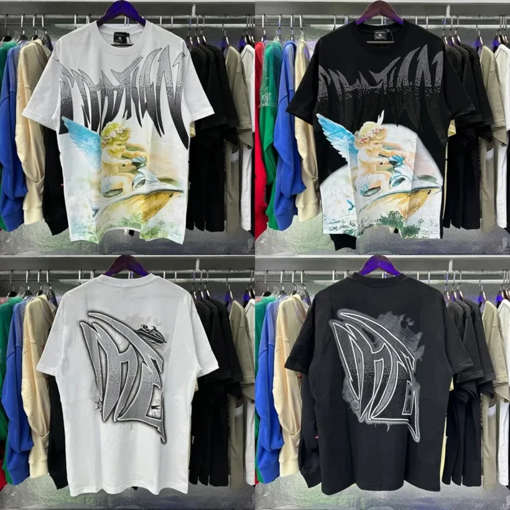 

2025 MIXED EMOTION T-shirt Men Women Couples Clothes Interesting Angel Motorboat Print Hot Drill Cotton casual Short Sleeve