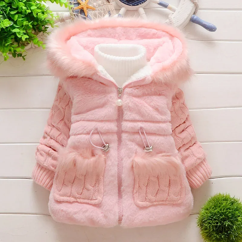 Girl\'s Winter Coat New Hooded Solid Color Warm and Windproof Two Pocket Wool Sweater for Children\'s Clothing Suitable for 0-4 Y