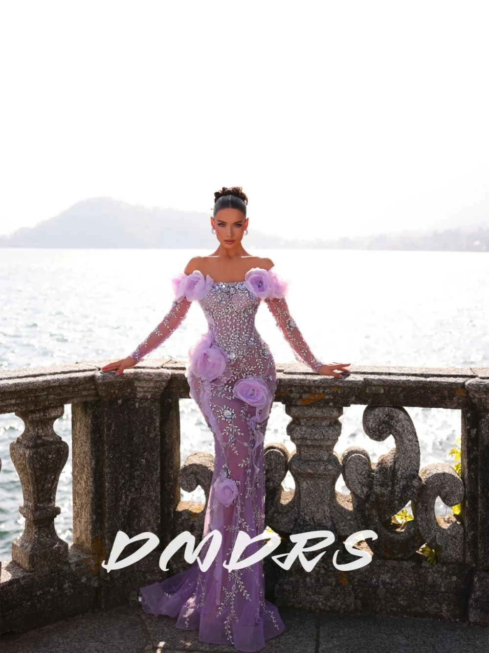 Paarse bloemen zichtbaar korset botten avondjurk unieke kristallen off-the-shoulder galajurk op maat gemaakte sexy zeemeerminjurken