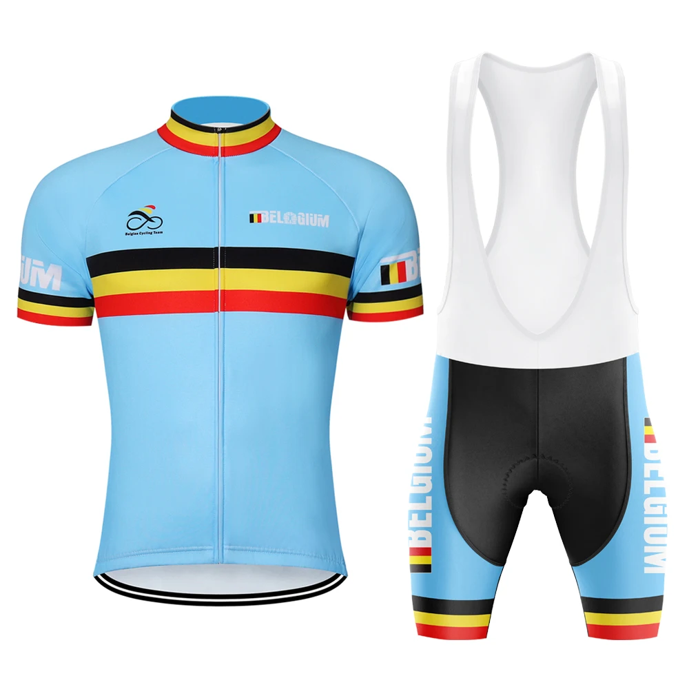 belgium racing Cycling jersey Men Short sleeve Set Bicycle Suit Mtb  Clothes Triathlon Retro Skinsuit Summer Bib shorts Blue