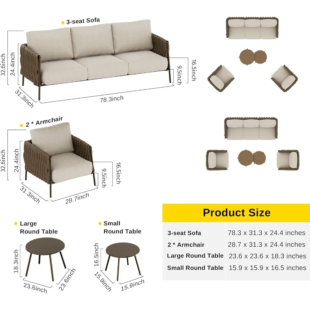 Life Chatter Patio Furniture Set 5 Pieces, Outdoor Furniture 5-Seat Sofa with Two Round Coffee Table, Waterproof Thick Cushion