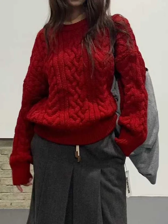 

Red Knitted Sweater Women's Sle Winter Long Sve Overhead Twist Flower Pattern Vintage Aesthetic Comfortable Fit round Ne