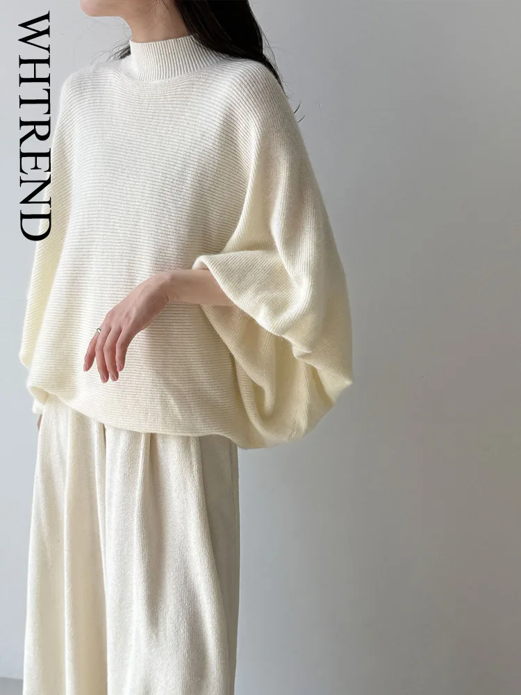 

WHTREND модный стиль полуводолазка с рукавами «летучая мышь» шерстяной вязаный свитер для женщин свободный крой пуловеры осень-зима новинка WH1928