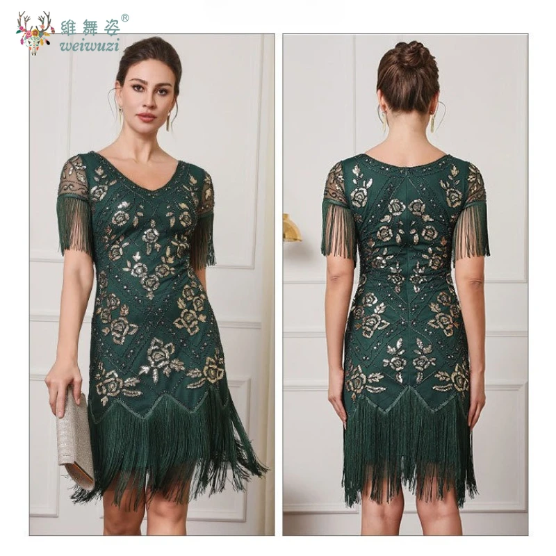 新しい女性のスパンコールラウンドネック痩身半袖フリンジドレスヴィンテージローズ刺繍カクテルパーティーダンスイブニングドレス