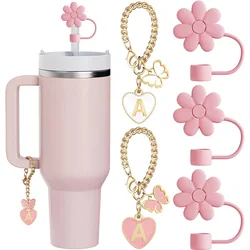 2PCS Cute Letter Charms for Stanley 30&40 Oz Tumbler with Handle and 3PCS Hot Pink Straw Toppers for Stanley Cup Straw Cover Cap