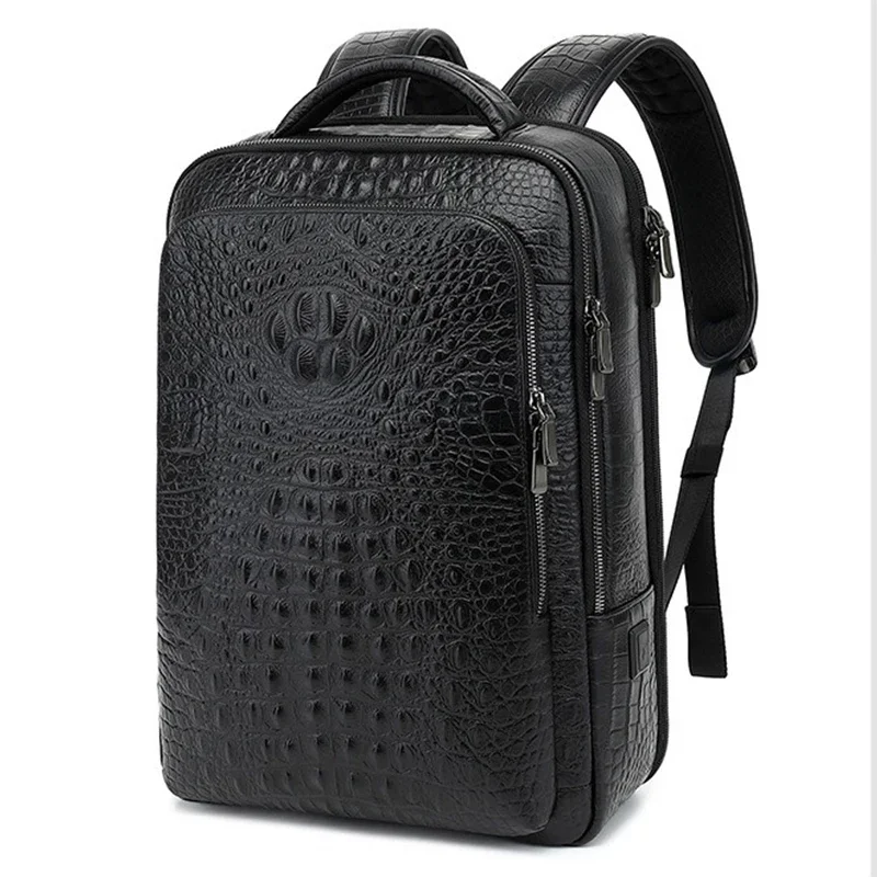 Men\'s Genuine Leather Computer Backpack Large Capacity Business 16-Inch Computer Travel Bag Crocodile Pattern Waterproof Bag