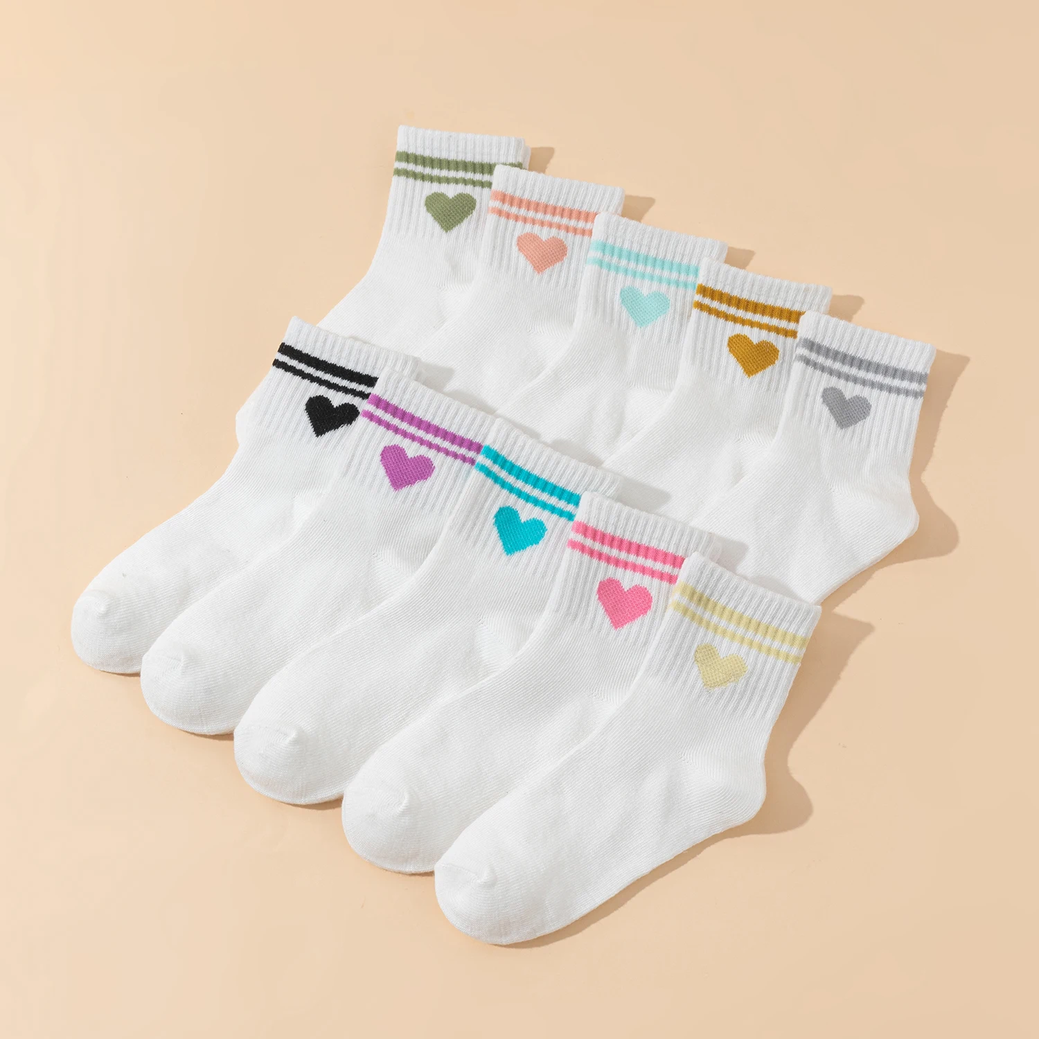 10 Pairs Kids Socks Heart Pattern Bar White Basic Sports Versatile Children's Footwear, Girls' School Socks view 3
