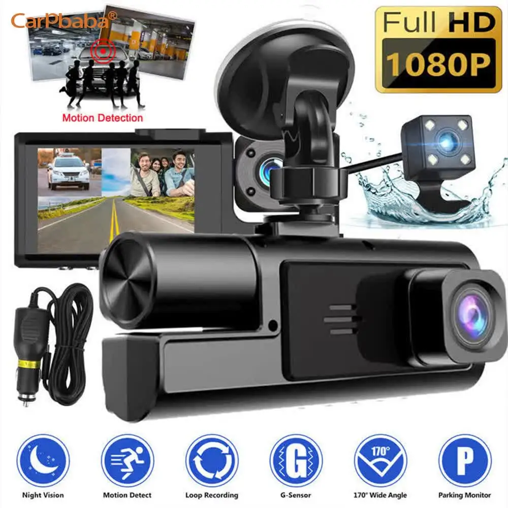 

Carpbaba 2-дюймовый видеорегистратор WIFI с двойной записью, три записи 1080P, передний интерьер автомобиля, инфракрасный рекордер ночного видения