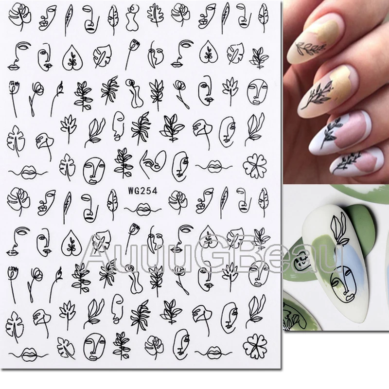 Nail Art 3d Decals Abstract Black Lines Lady Faces Leafs Flowers Adhesive Sliders Nail Stickers Decoration For Manicure