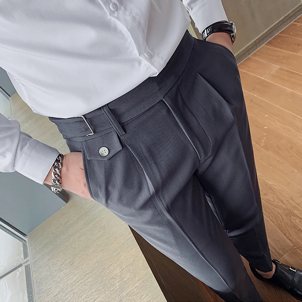 Luxury Men Pant Business Four Season Belt Buttoned Calf Hombre Casual Straight Trouser Pant For Man Pantalon De Vestir