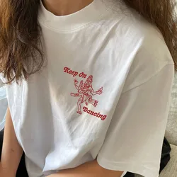 Keep on Dancing Pocket Printing Female White Short Sleeve Tops Tees Summer Loose Pure Cotton Vintage Casual Aesthetic T shirts