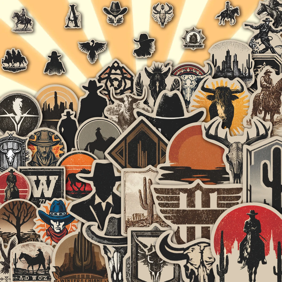56Pcs Retro Desert Cowboy Stickers | Vintage Western Longhorn Waterproof Decals for Laptop, Water Bottle & Journal, Trendy Aesth