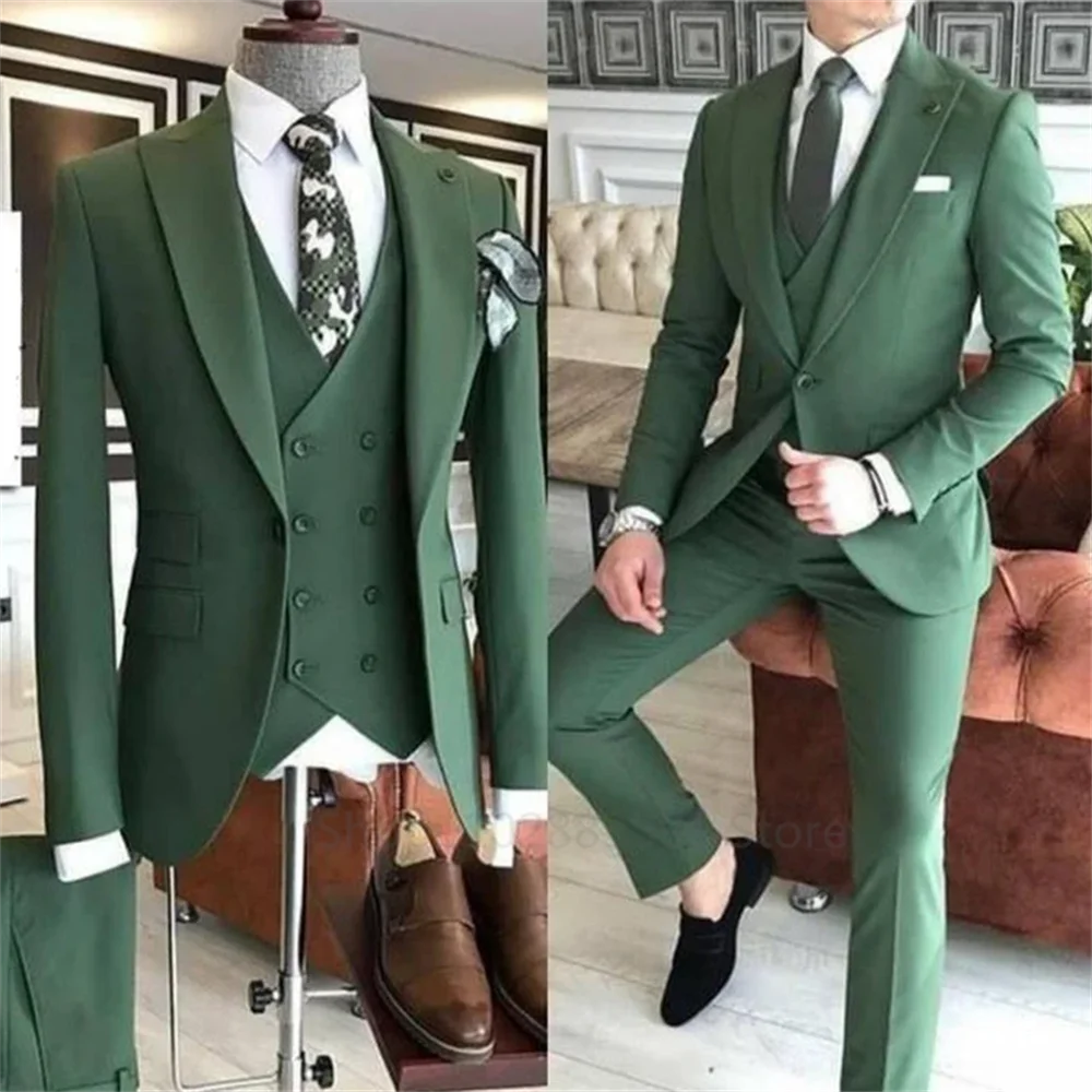 Groom Wear 3 Pieces Green Men Suits 2023 Slim Fit Peak Lapel One Button Wedding Tuxedo Terno Masculino (Jacket+Pants+Vest）