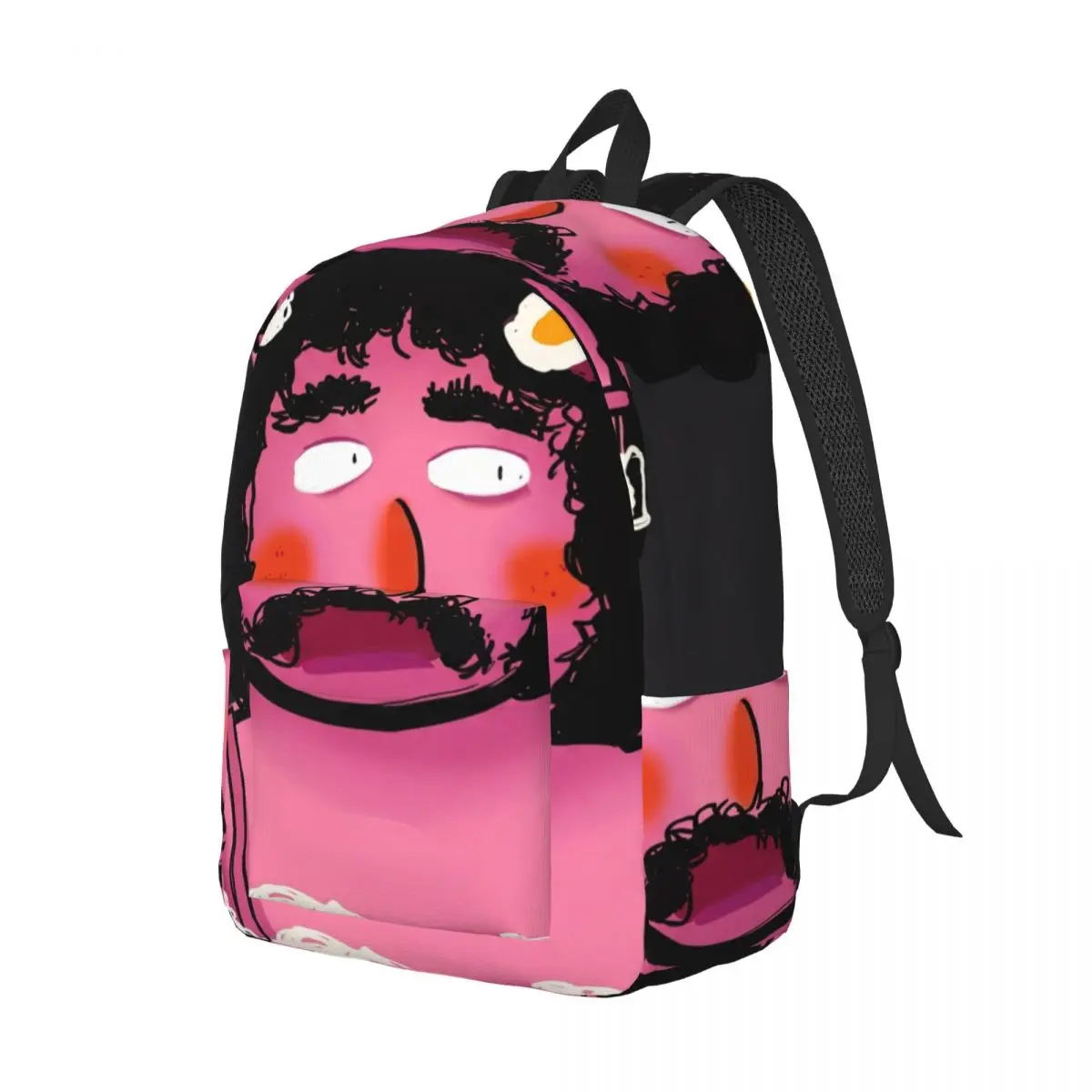 Cartoon Print Student Backpack Center Quirky Character Whimsical Illustration Solid Black Multi Color Edgy Daypack for School