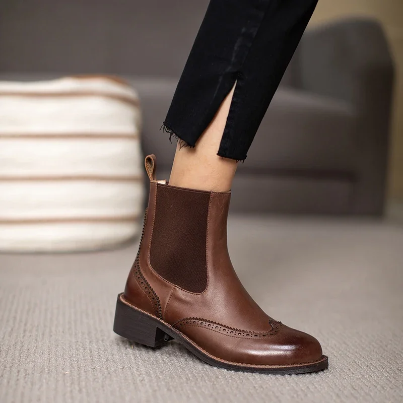 Winter/Autumn Chelsea Boots Genuine Leather Shoes for Women Retro Carved Boots Round Toe Ankle Boots British Style Women Shoes