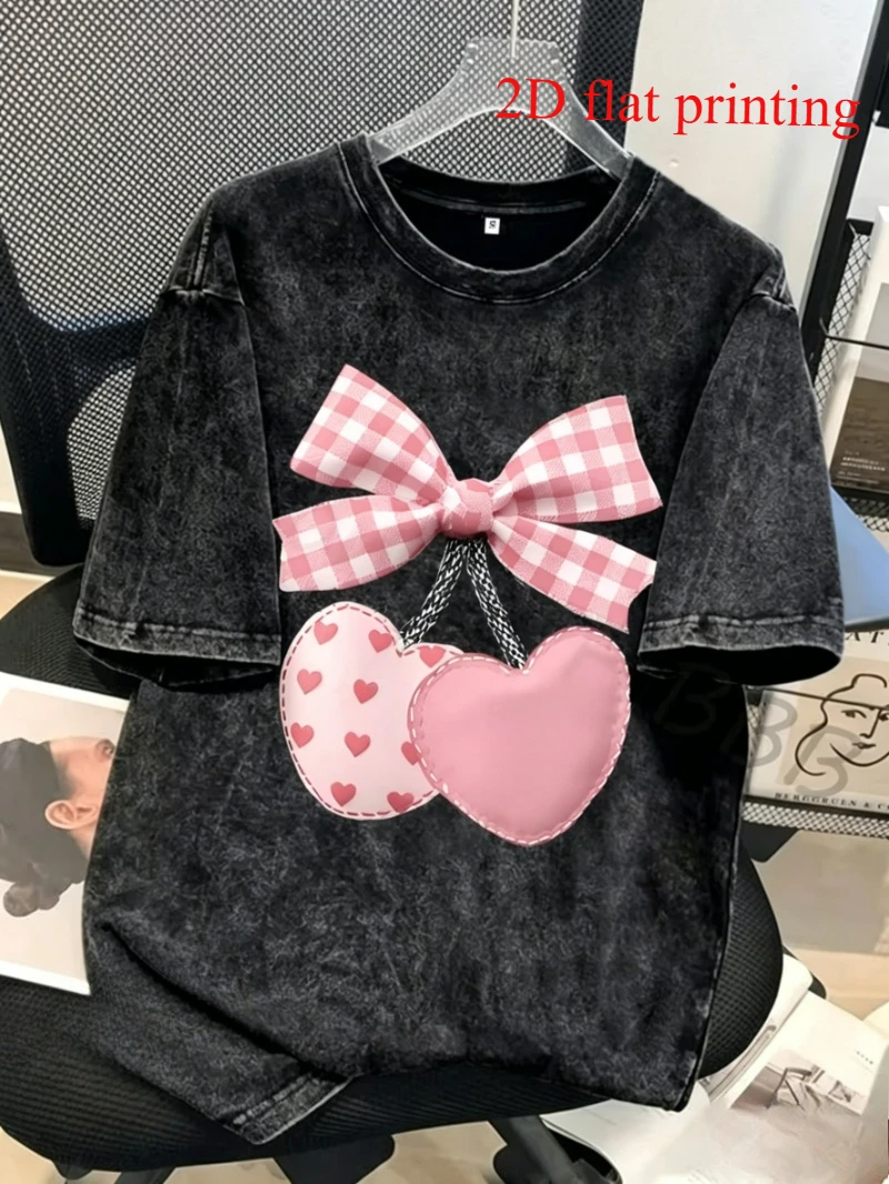 Vintage Washed Red Gingham Bow Heart Cherry Graphic T-Shirt, Coquette Preppy Aesthetic Casual Short Sleeve Top For Women