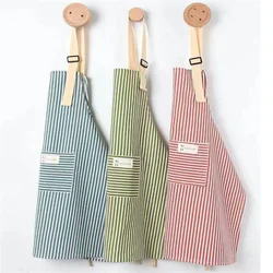 New Japanese Cotton Linen Fashion Striped Apron Pocket Florist Gardening Coffee Shop Overalls Kitchen Cooking Apron Sleeveless