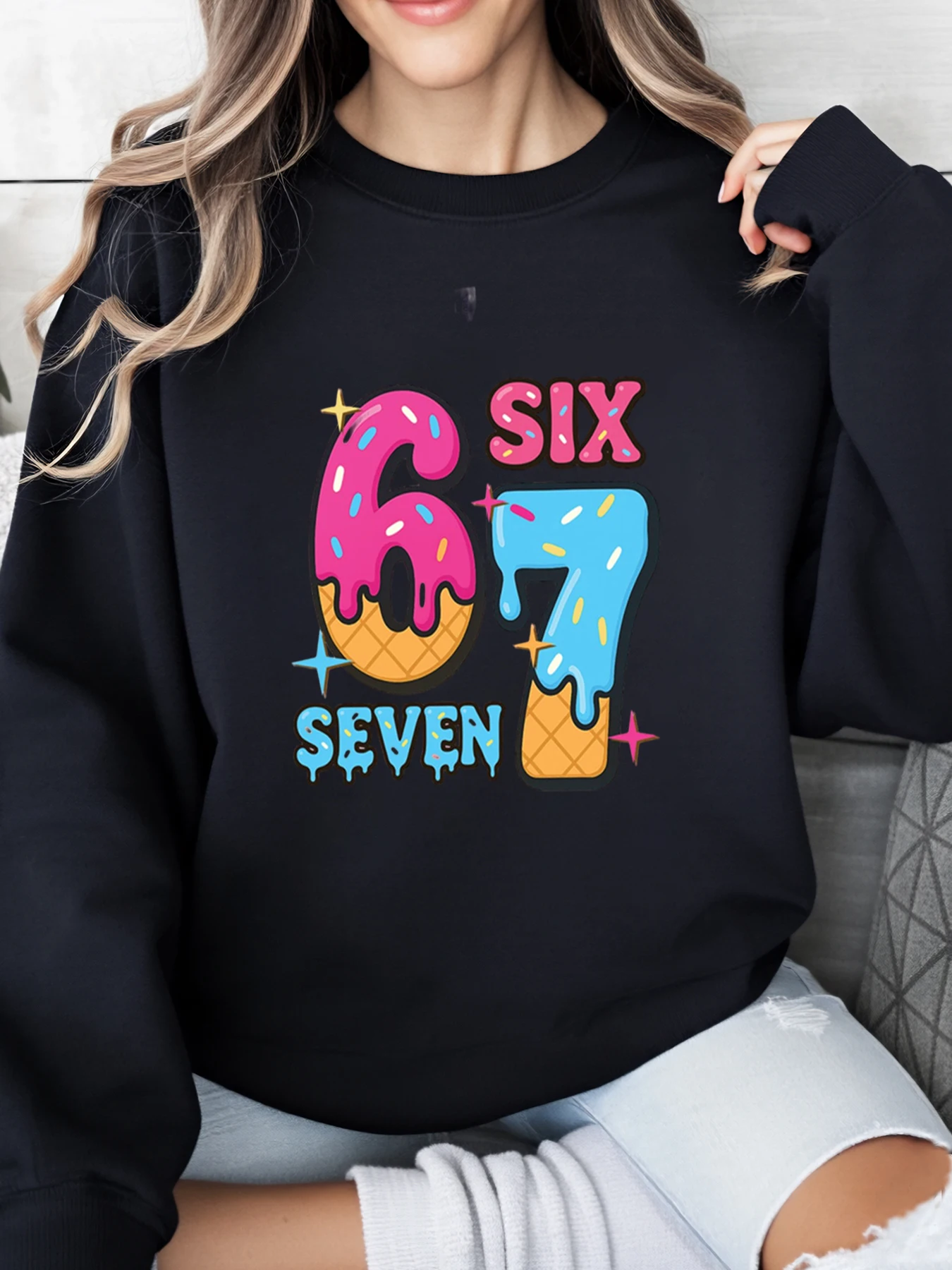 

Толстовка с цифрами мороженого на шесть семь дней рождения, женская повседневная одежда, наряд для вечеринки, черный, большие размеры