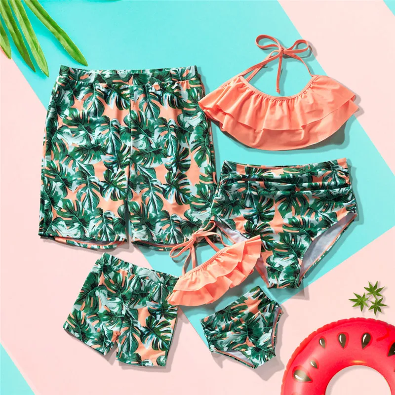 2022 New Family Matching Swimsuit Queen Princess Swimwear Leaf Print Beachwear Mommy and me Swimsuit Beach Shorts For Kids Men