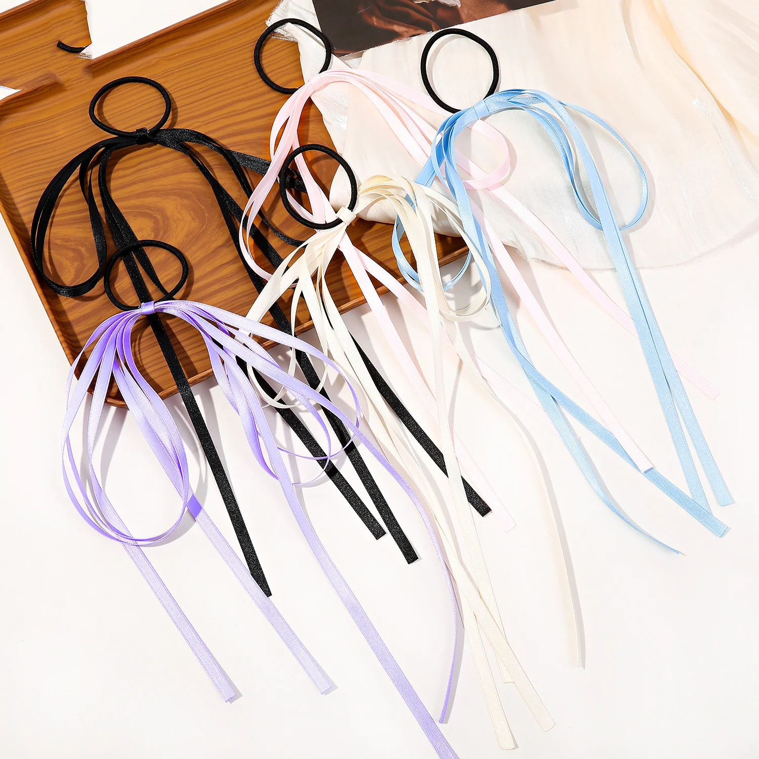 Korean Streamer Bow Headdress For Woman Girl Sweet Tied Hair Long Ribbon Elastic Ponytail Head Rope Rubber Band Hair Accessories