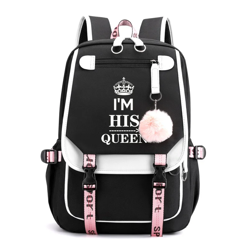 

New Women's I'M HIS QUEEN Pattern Backpack Women's Casual Street Cool Backpack High Quality USB Rucksack Travel Backpacks