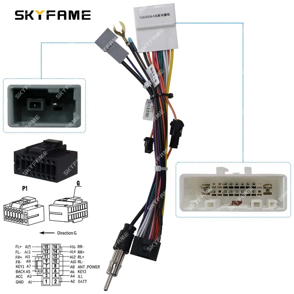 SKYFAME Car 16pin Wiring Harness Adapter Android Radio Power Cable For Mazda CX-5