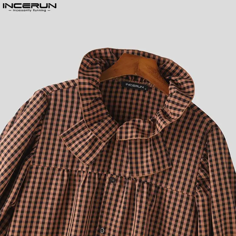 INCERUN Men\'s Shirt Plaid Turtleneck Half Sleeve Personality Fashion Casual Unisex Shirts Summer 2024 Streetwear Men Clothing