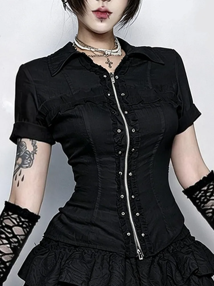 Women Dark Style Gothic Blouses Summer Short Sleeve Blouse Woman Blouse Shirt Gothic Elegant Work Shirt Top Blusas Mujer De Moda