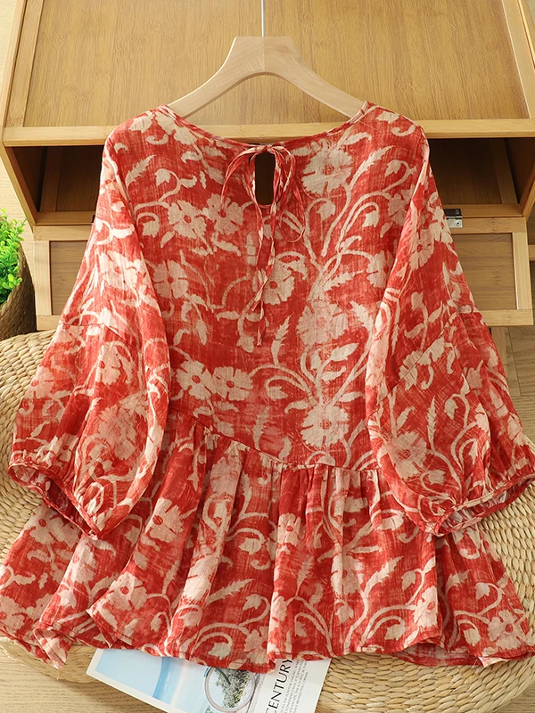 Artistic Large Size Red Cotton Linen Print Lantern Sleeve Women's Summer Loose Belly Covering Slimming Overhead Shirt Top