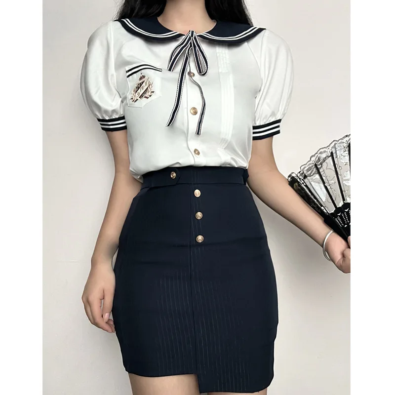 Conjunto de uniforme coreano para niña, camisa de manga abullonada con cuello de marinero JK, Falda corta a la cadera, vestido de club nocturno, 2023