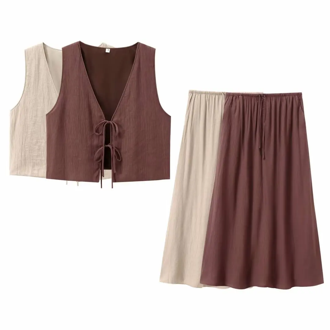 

2024 summer new European and American women's bow texture vest + skirt set