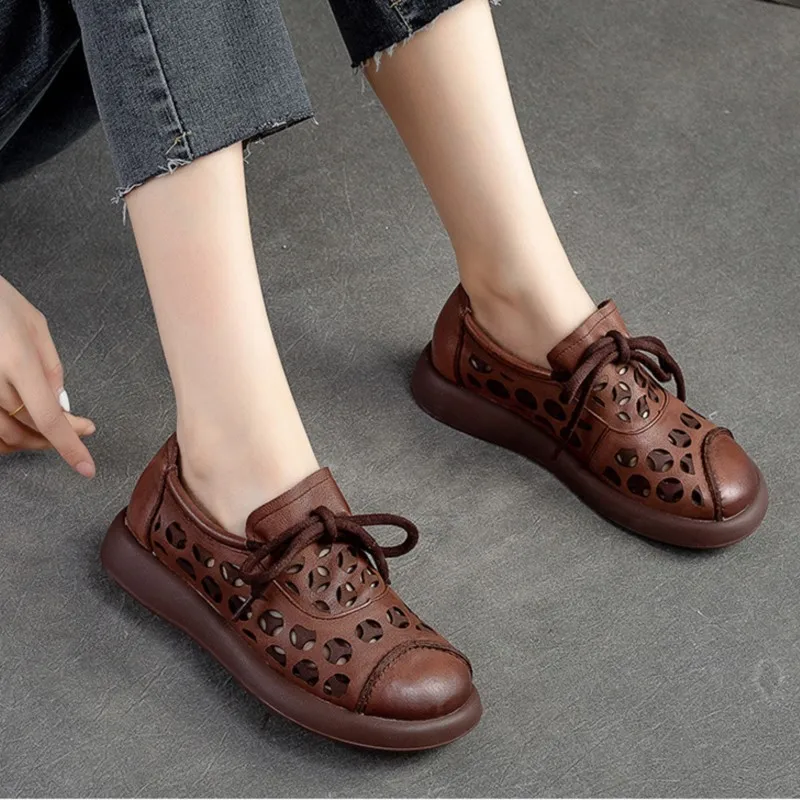 GKTINOO Genuine Leather Hollow-out Women Flats Shoes 2024 New Retro Handmade Round Toe Soft Soles Lace-up Comfortable Shoes