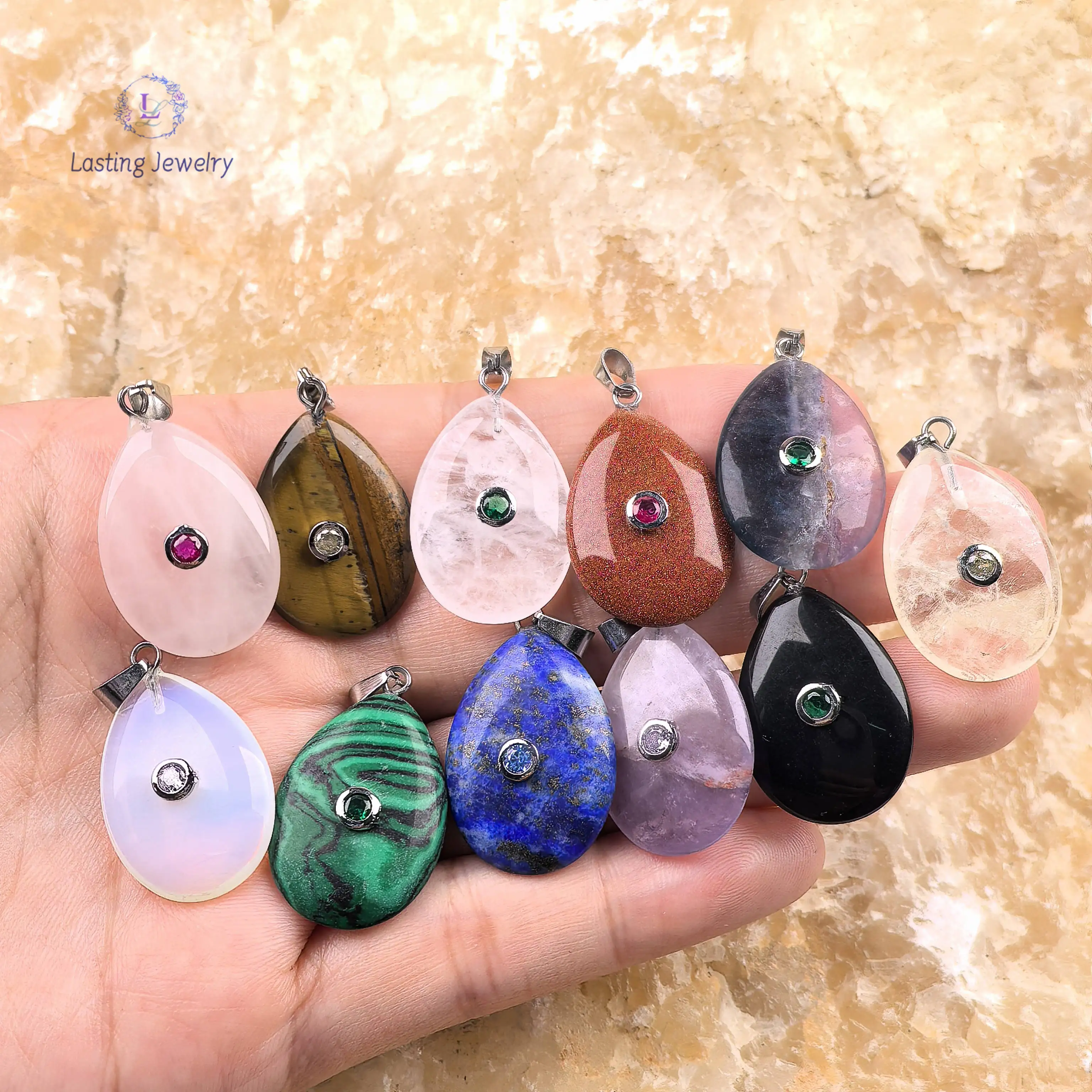 

18x25mm Teardrop Gemstone Crystal With Inlaid Zircon Charms,Fluorite Lapis Rose Quartz Opal Pendants For Necklace Jewelry Making