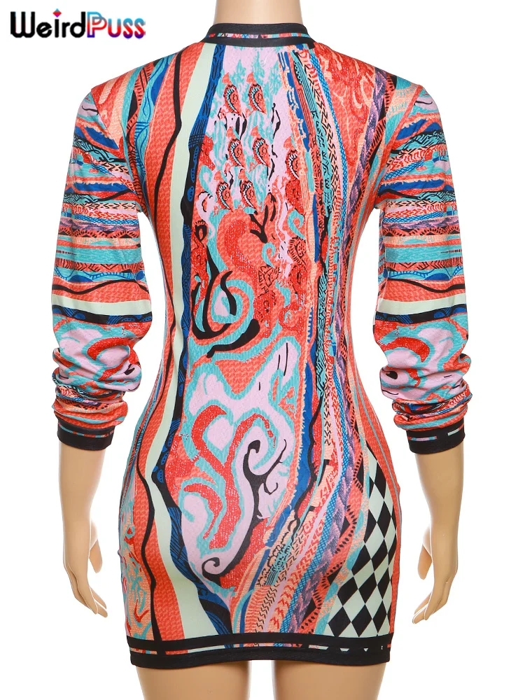 Weird Puss Colorful Print Women Dress 2023 Autumn Vintage Trend Long Sleeve O-Neck Stretch Hipster Streetwear Festival Bodycon