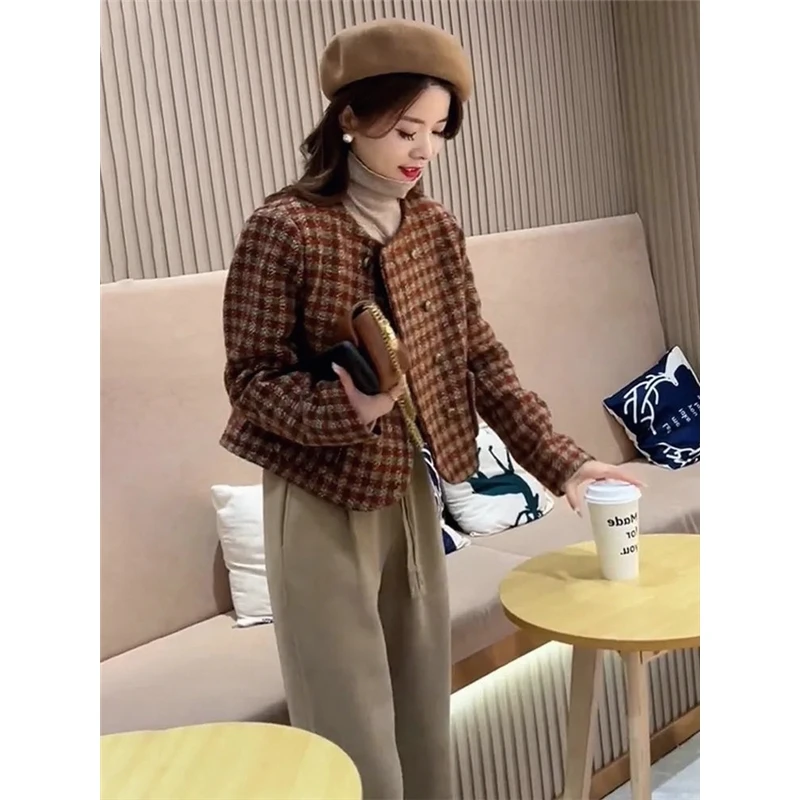 Tweed Jacket Overcoat Oversize Womens Fall Vintage Lady Rhinestones Elegant Minimalism Silhouette French Style Harajuku Lace-Up
