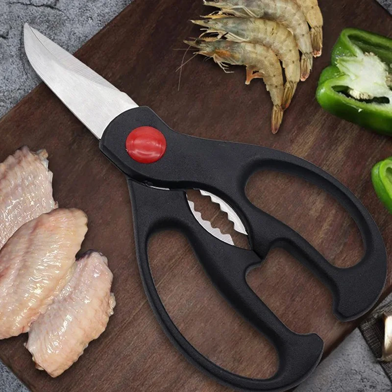 Multi-Functional Kitchen & Household Scissors - PP Handle, Stainless Steel Straight Blade, with Walnut Clip & Bottle Opener