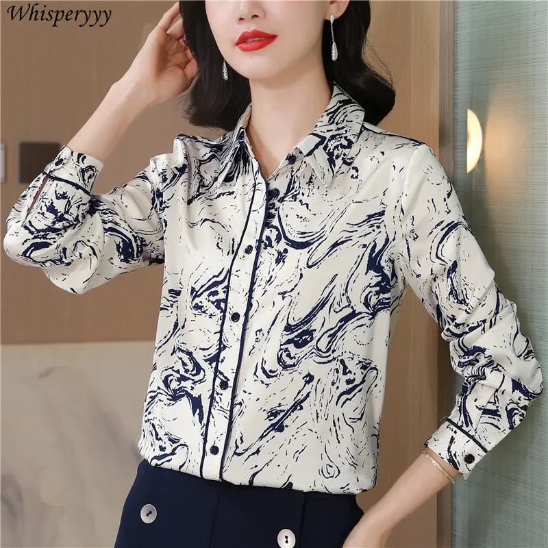 Spring New Women's Shirt Printed Commuter Tops Shirt Fashion Camisa Feminina Long-sleeved Turn Over Collar Button Blouse