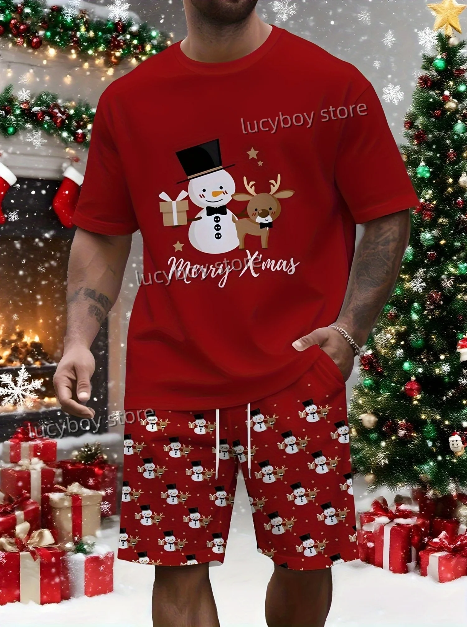 Autumn 2pcs Mens Clothing Christmas Snowman Reindeer Print T-Shirt Shorts Set Adult Jogging Plus Size Tracksuit 2 Piece Sets
