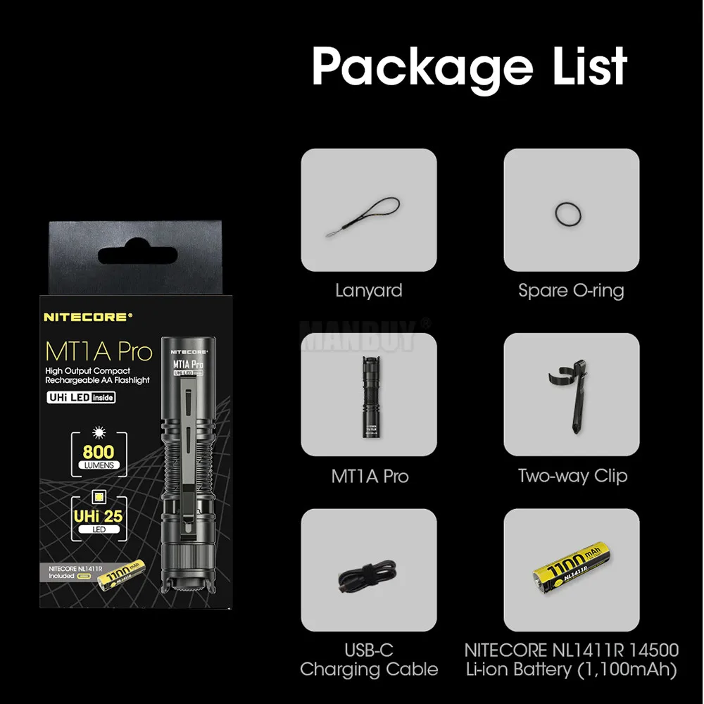 NITECORE MT1A Pro 800 Lumens LED Flashlight with 1100mAh NL1411R 14500 Rechargeable Battery Camping Hiking Emergency Night Walks