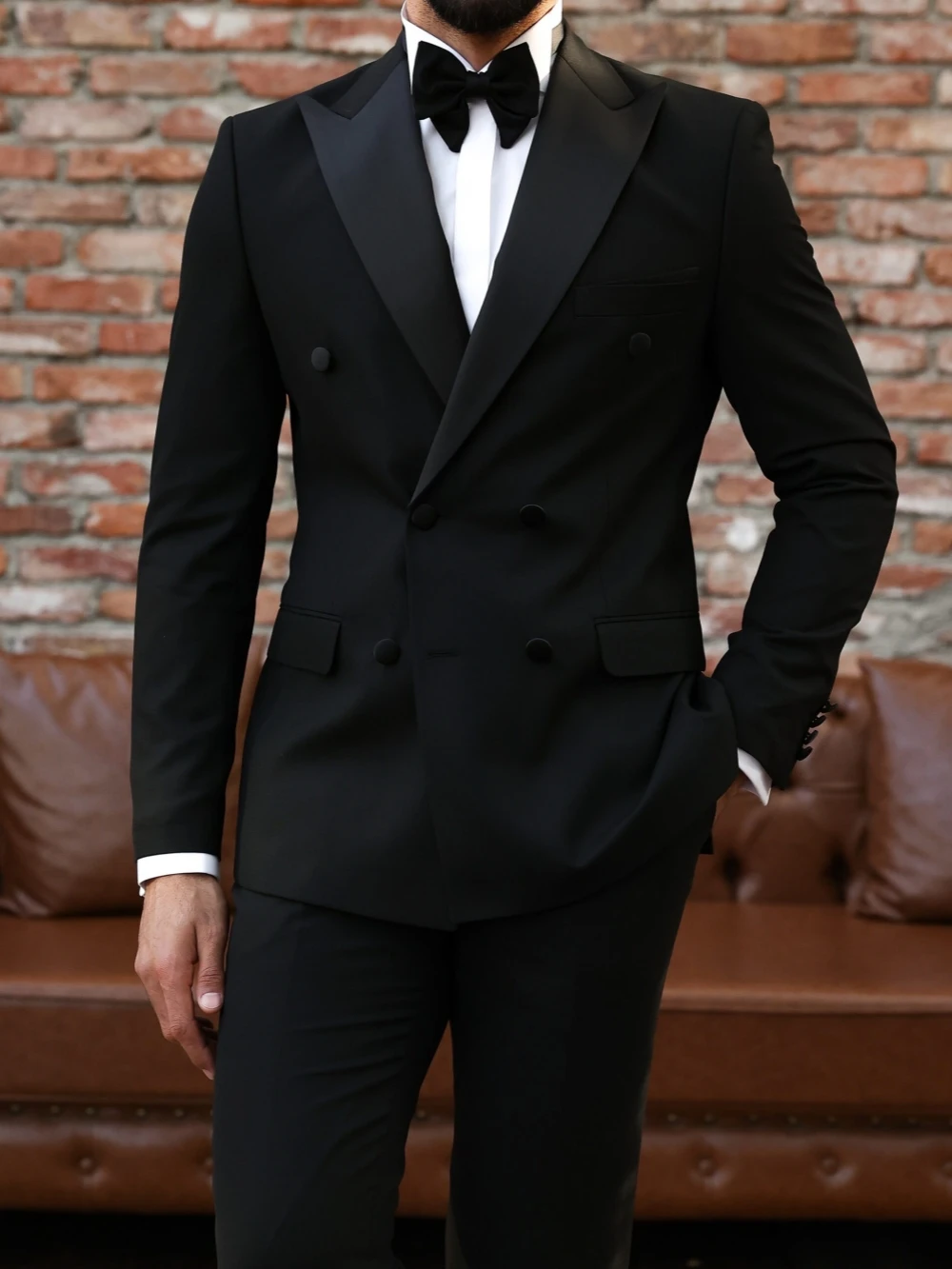 Black Elegant Peak Lapel Tuxedo 2 Pieces Jacket Pants Wedding Groom Best Man Outfit Double Breasted Men's Suit Set Prom Wear