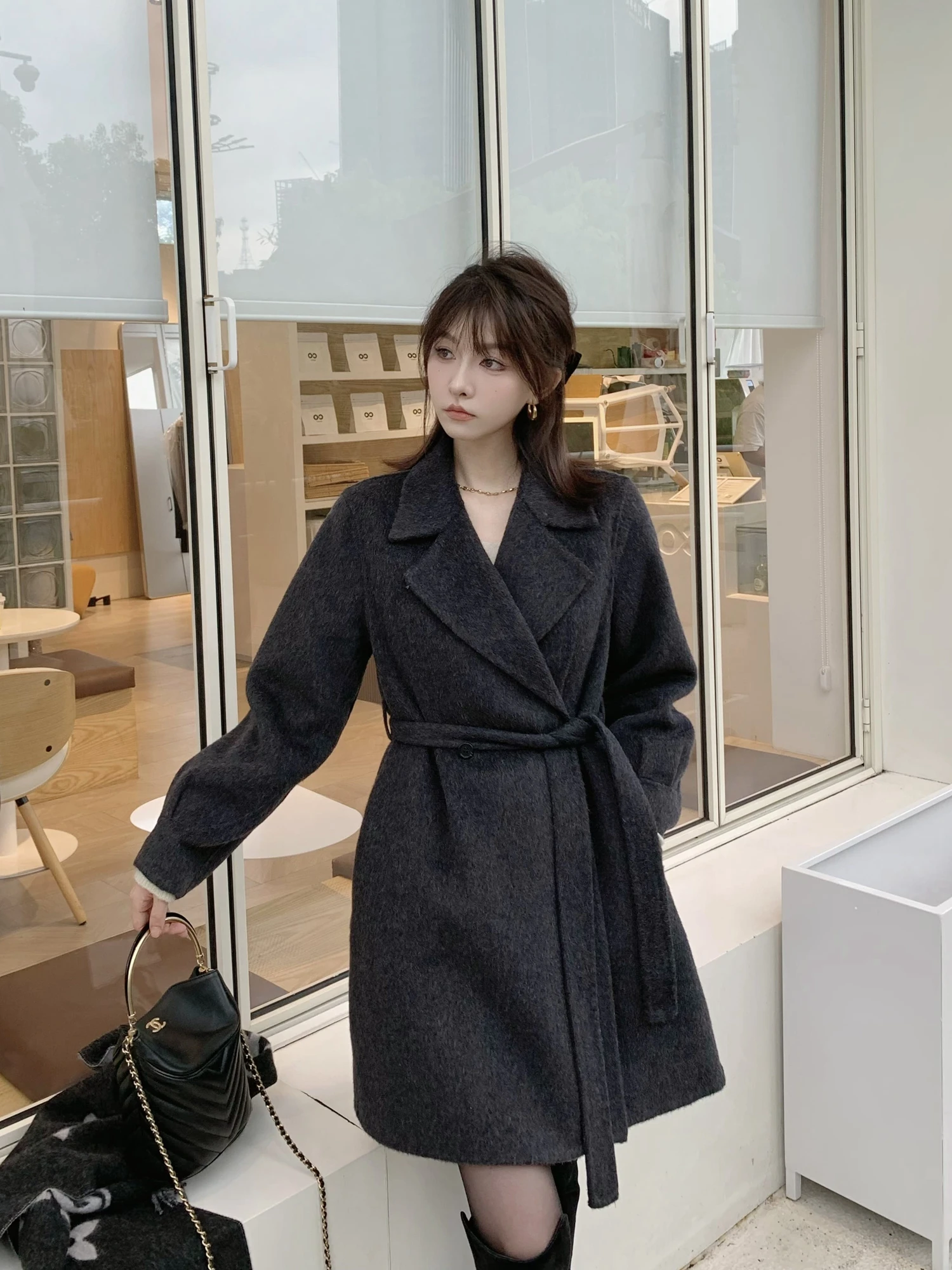 

Шерстяное пальто Ele ort, женское осенне-зимнее двустороннее пальто, твидовая верхняя одежда небольшого размера, новинка 2025, корейская посадка для поездок на работу