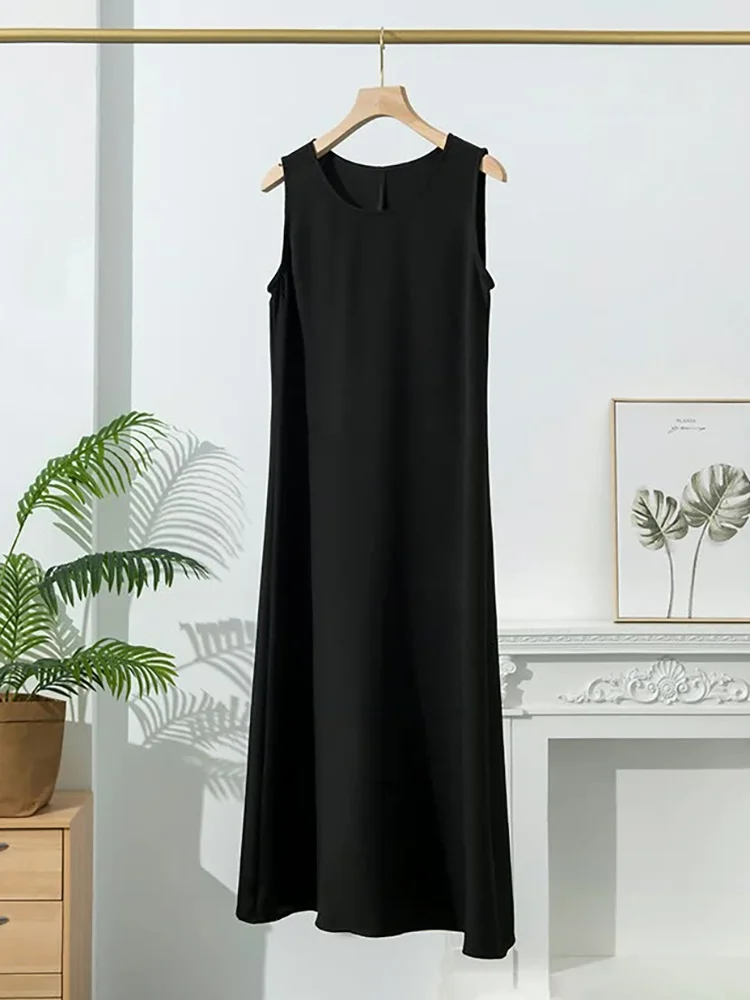 

Silk Vest Dress Women's Sleeveless Silk Long Dress Black Loose Slimming round Neck Gown Summer City Commute Street S...