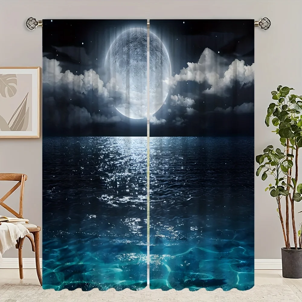 Blue Night Moon Cloud Galaxy Shine Stars Starry Window Curtain For Living Room Kids Bedroom Bathroom Kicthen Door Home Decor2Pcs