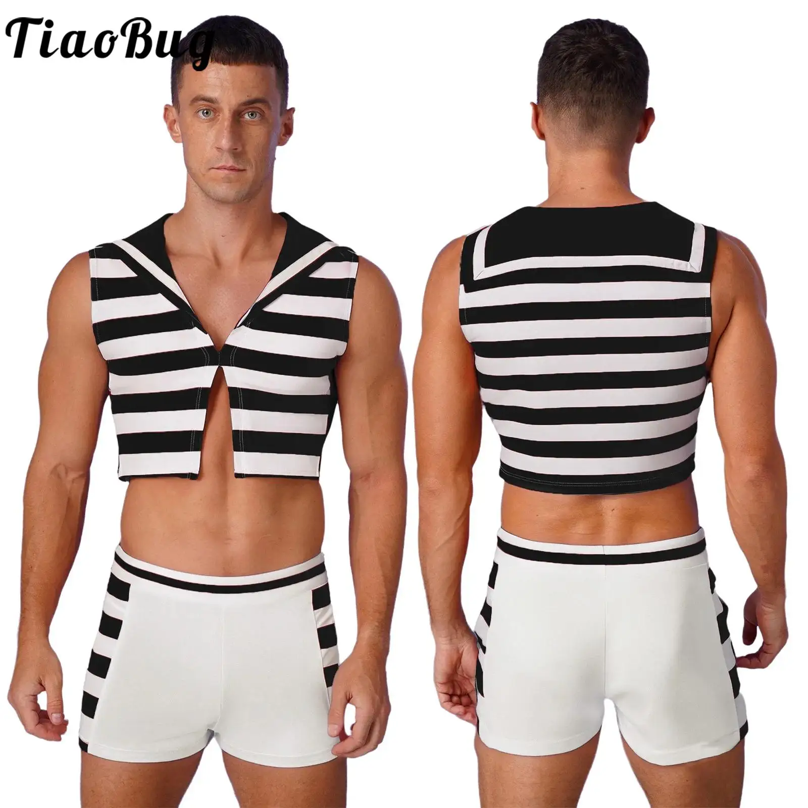 

Men's Nautical Sailor Halloween Carnival Cosplay Outfits Sleeveless Tank Top with Boxer Shorts Naval Theme Party Role Play Suits